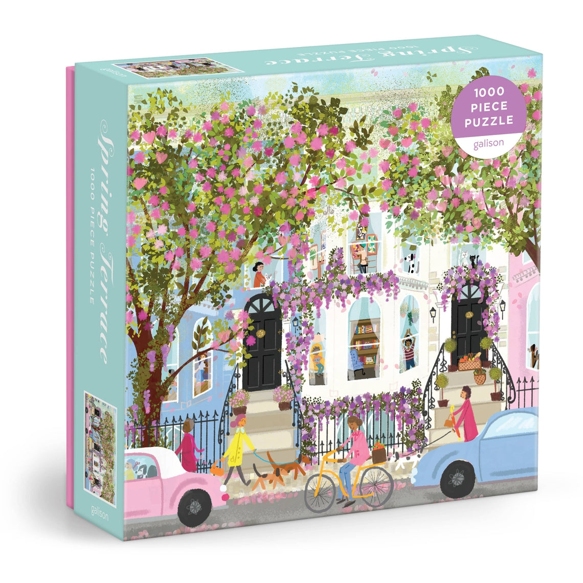 Joy Laforme Spring Terrace 1000-piece puzzle featuring a colorful spring garden scene with flowers and greenery.