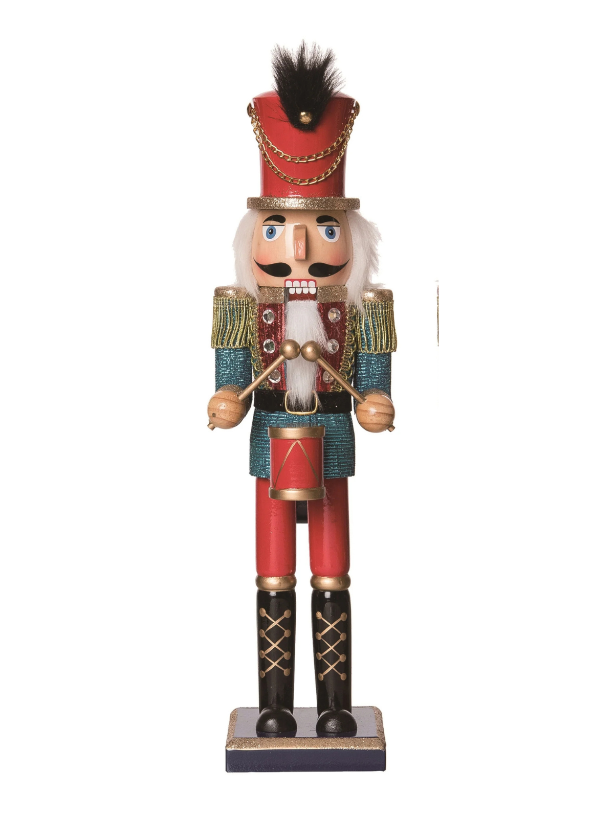 Wood Glitz & Glam Nutcracker drummer with red hat, blue jacket, and drum on a square base.