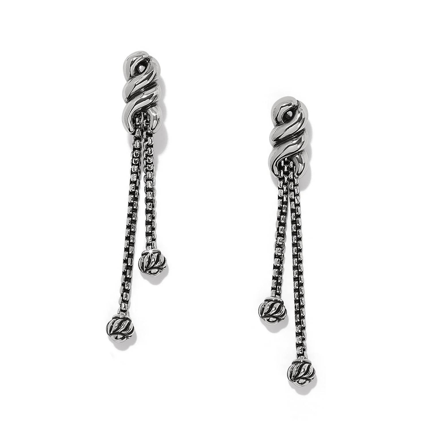 Interlok Twist Double Post Drop Earrings in silver-plated finish with box chain drops.