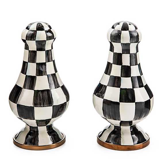 Large salt and pepper shakers with Courtly Check enamelware pattern on hand-glazed steel bodies.