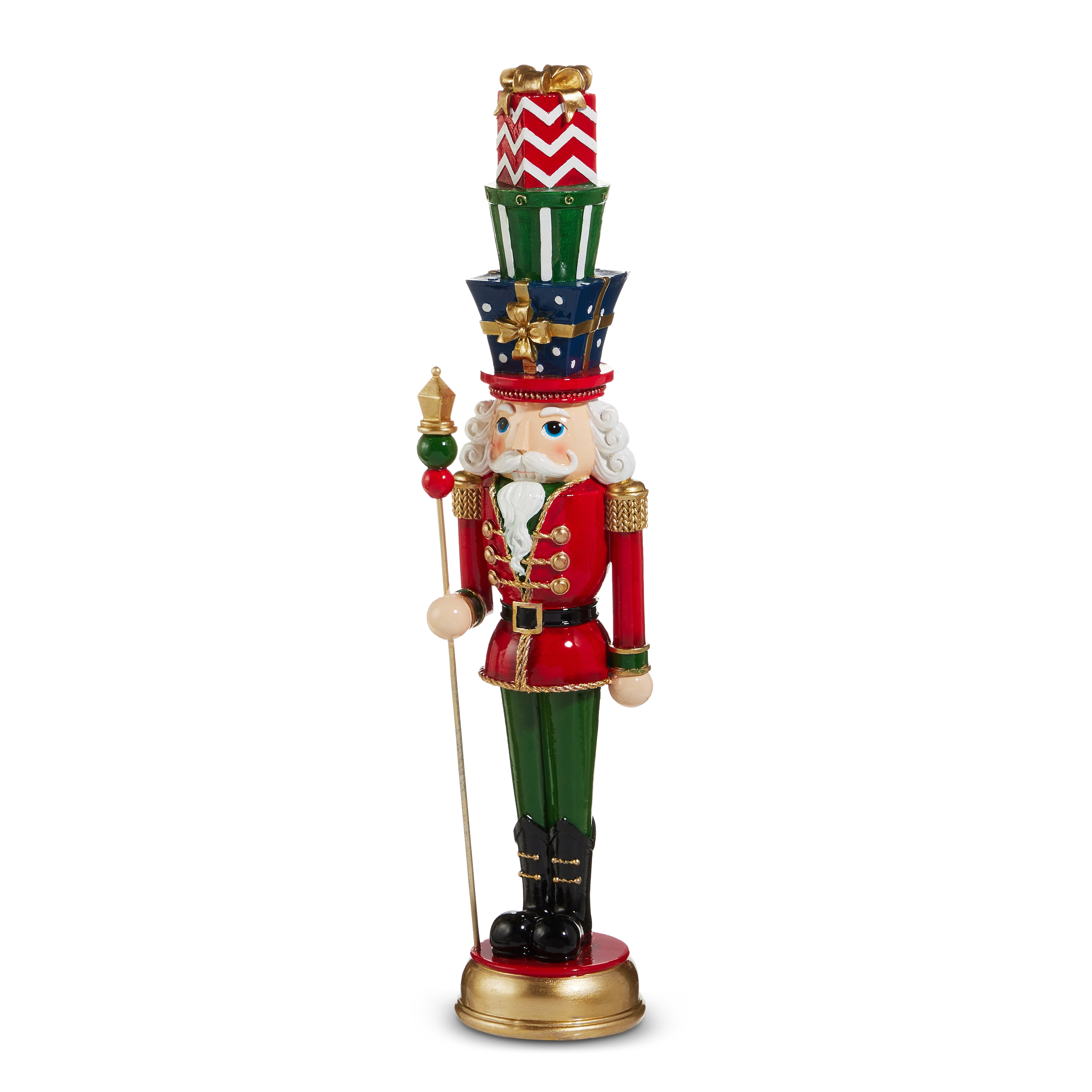 19.75-inch resin nutcracker in a red coat holding a staff with a stack of gifts on its head.