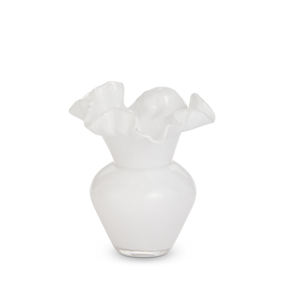 Glass vase with an organic shape measuring eight inches in diameter and height.