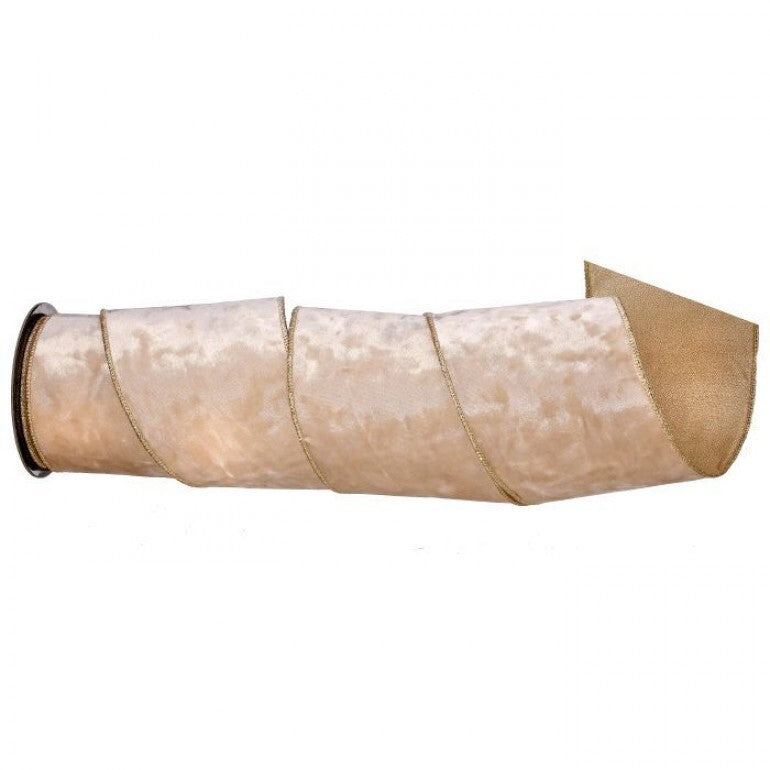 Roll of luxury textured champagne velvet ribbon with gold wired edges.