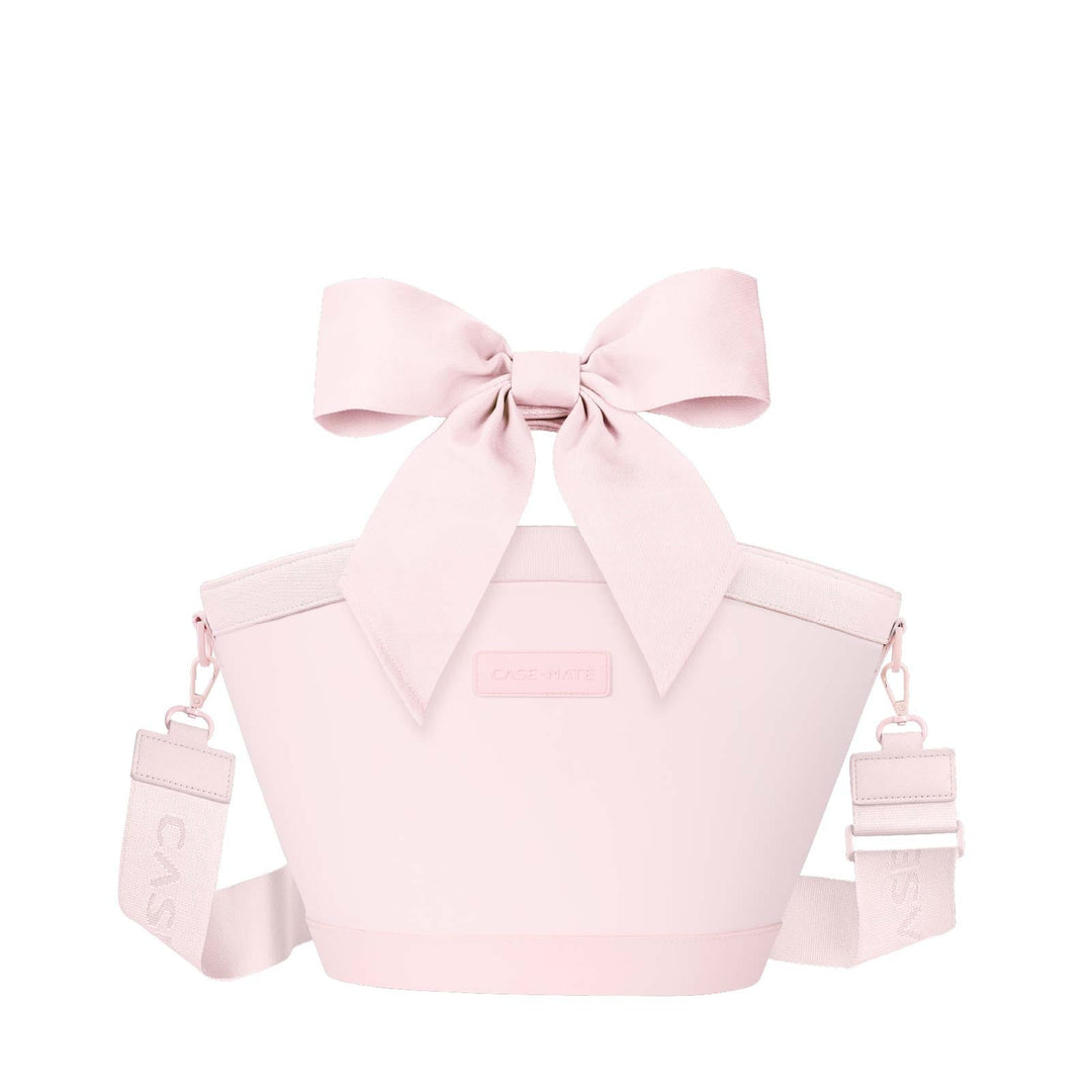 Ballet pink 7L jelly cooler tote bag with a large decorative bow and adjustable shoulder strap.