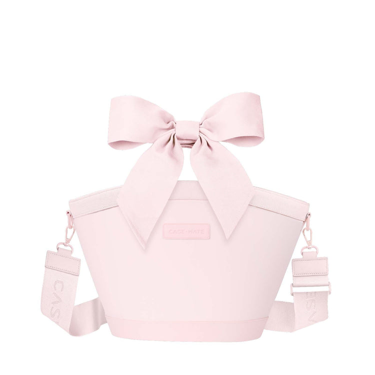 Ballet pink 7L jelly cooler tote bag with a large decorative bow and adjustable shoulder strap.