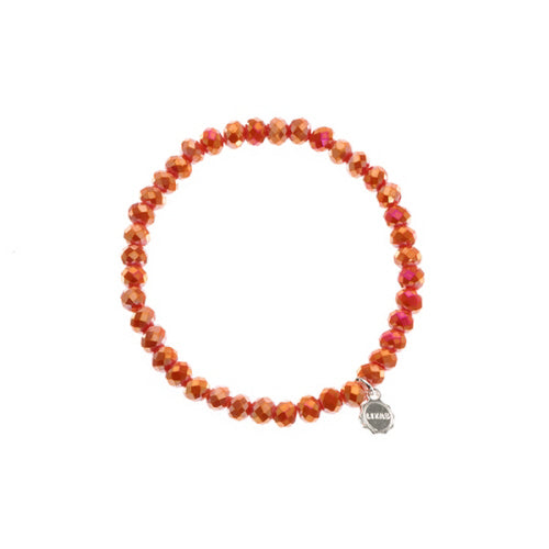 Stretchy beaded bracelet with faceted glass beads in a colorful pattern.