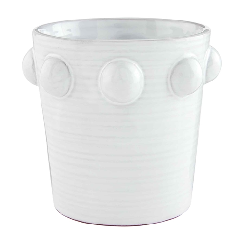 Terra cotta beaded pot with a round terracotta body featuring intricate beadwork patterns.