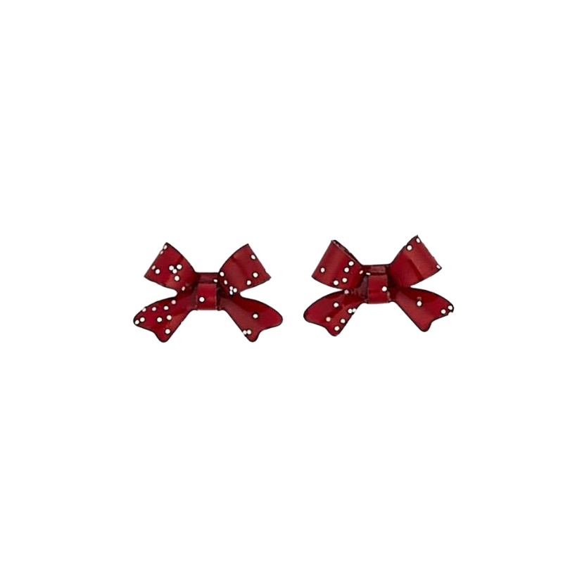 Pair of red enamel bow stud earrings with white polka dots.