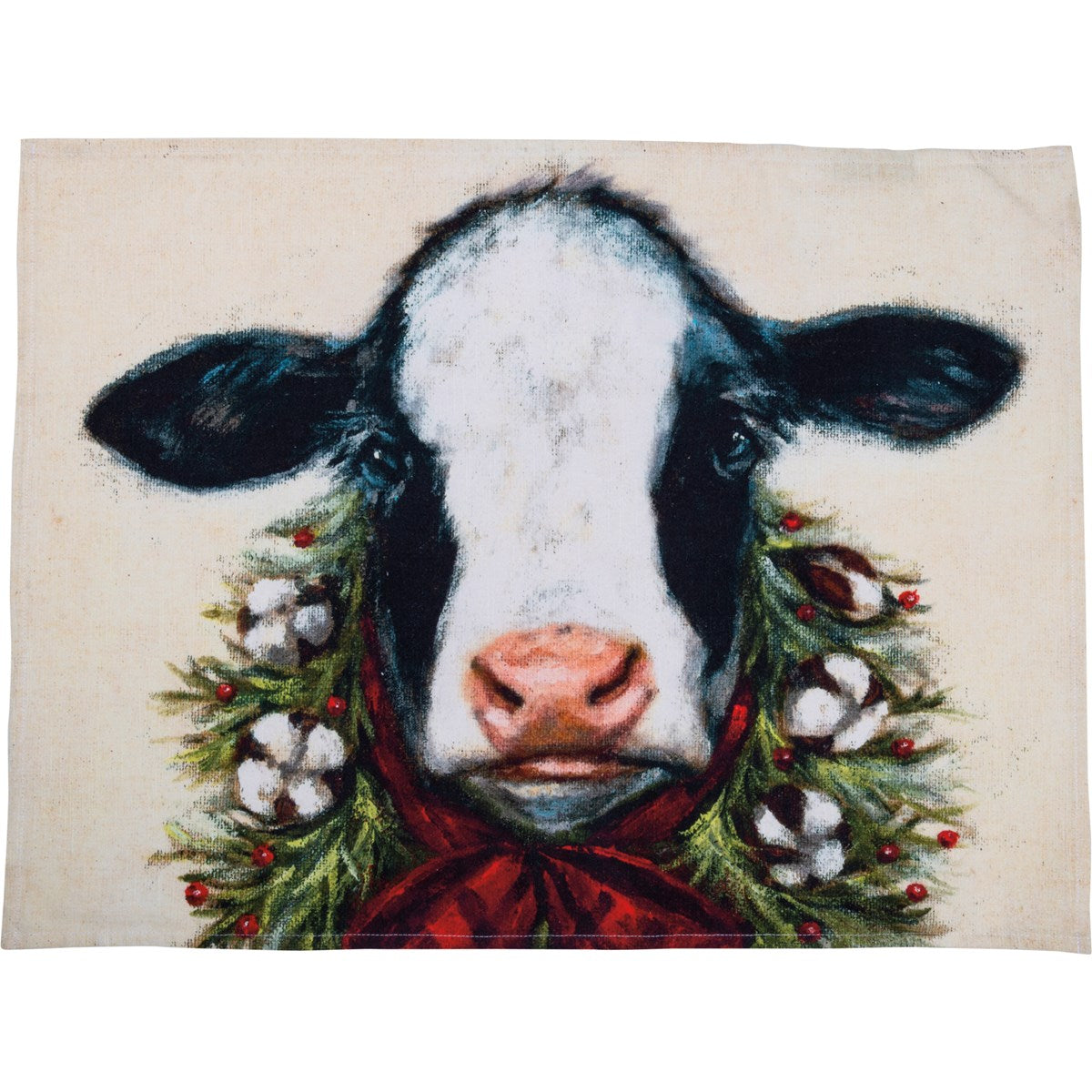 Holiday dish towel featuring a black and white cow wearing a festive wreath and red bow.