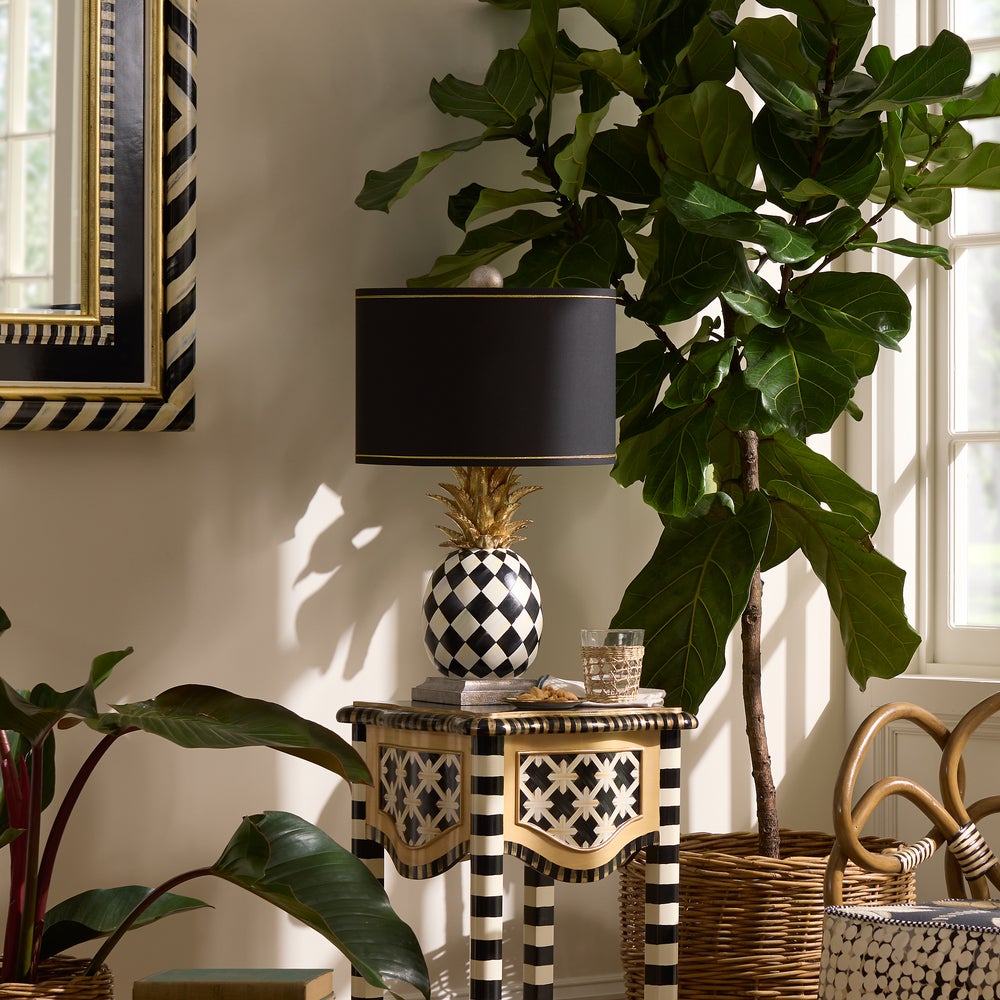 Hand-painted resin pineapple table lamp with antiqued silver accents.