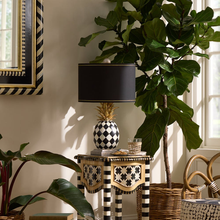 Hand-painted resin pineapple table lamp with antiqued silver accents.