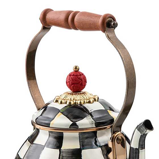 Enamel tea kettle with Courtly Check floral pattern, wood handle, brass accents, and bronzed stainless steel rim.