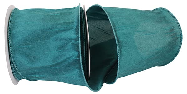 4 inch teal Dupioni Supreme wired edge ribbon on a spool.