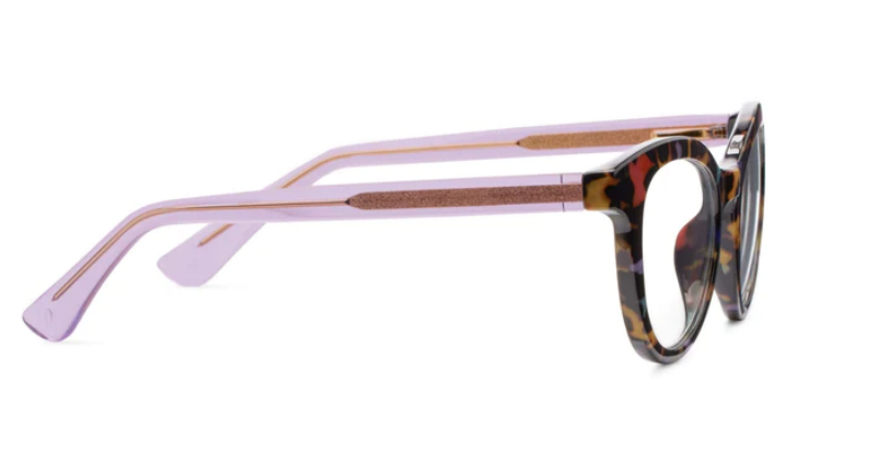 Tribeca eyeglasses with wire core-colored temples and a patterned cat-eye silhouette in clear polycarbonate.