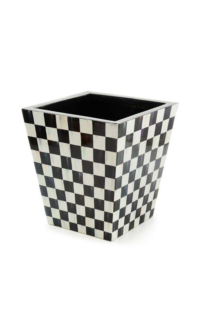 Square Courtly Check 13 inch planter with a black and white checkered pattern and black interior.