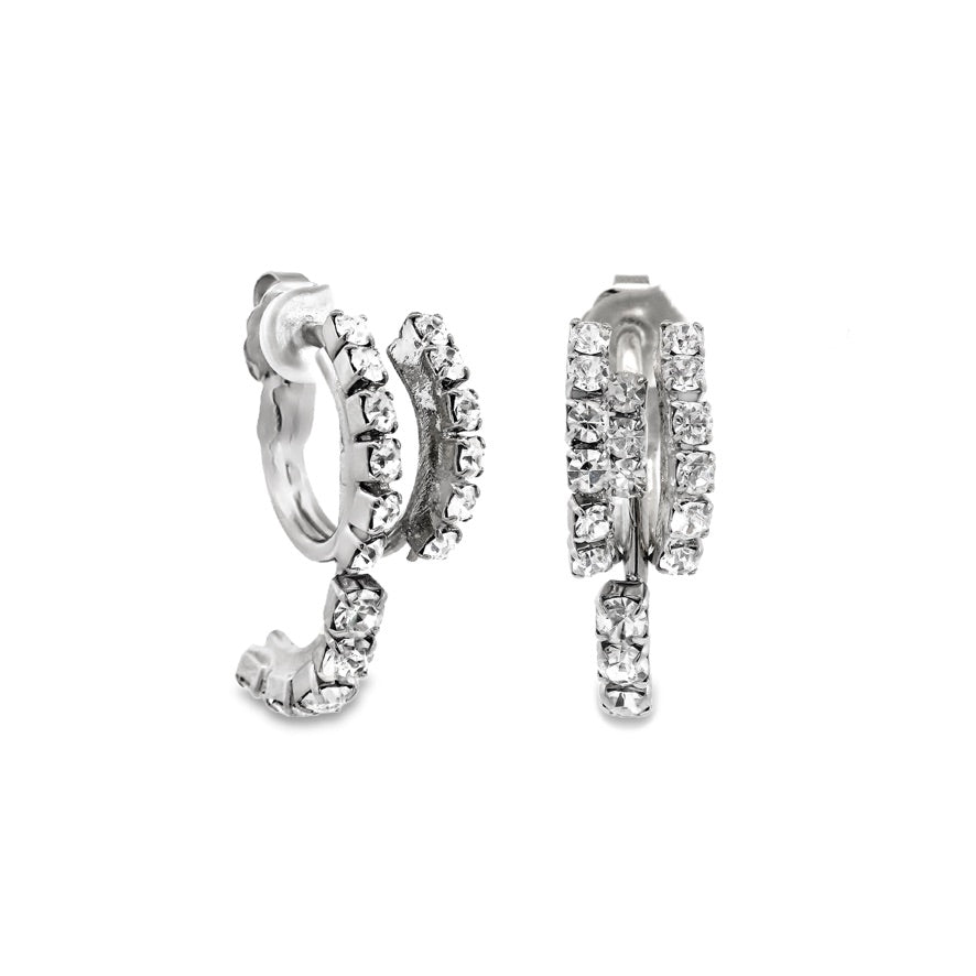 Silver Kandi hoop earrings featuring three rows of sparkling clear crystals.