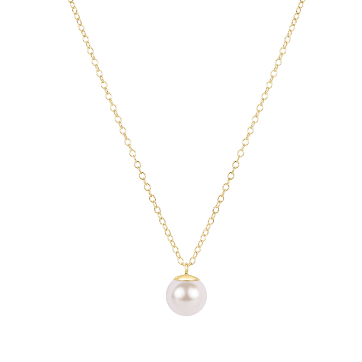 16-inch gold-filled chain necklace featuring a single 8mm white pearl charm.