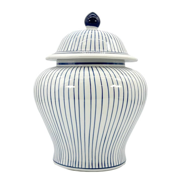 15.5-inch wide ceramic ginger jar with vertical blue and white stripes and a matching lid.