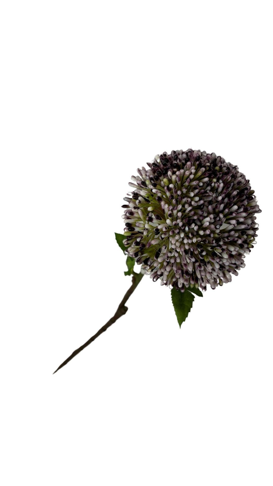 A single artificial seed spray with a spherical head featuring purple and white tips on a thin stem with green leaves.