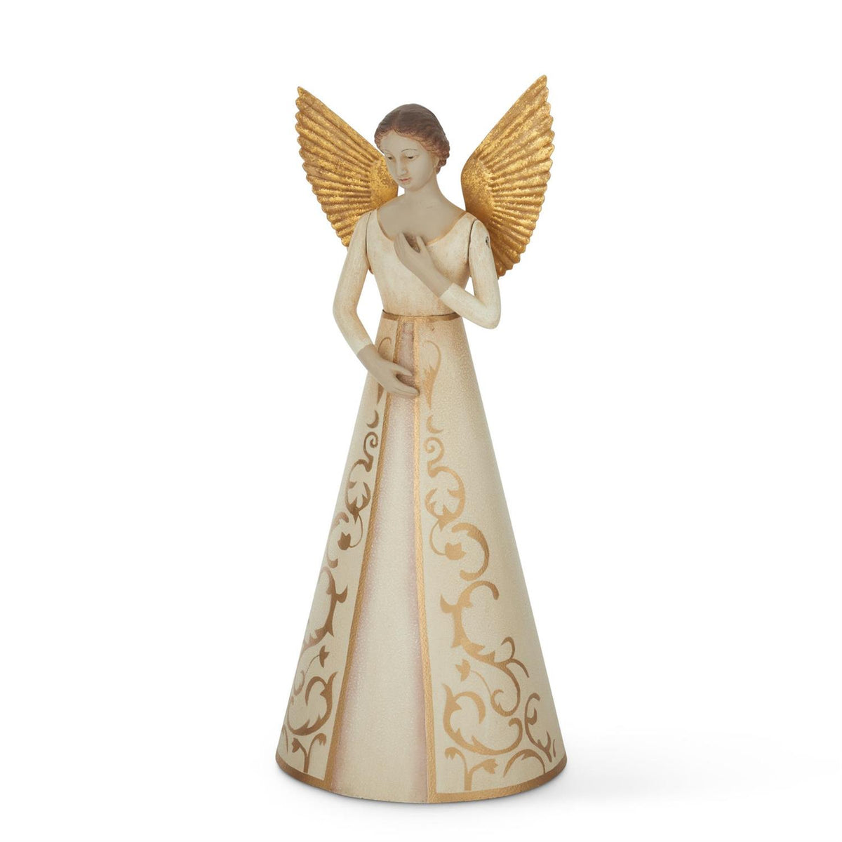 Hand embossed cream metal tree topper with gold resin accents and gold tin angel wings.
