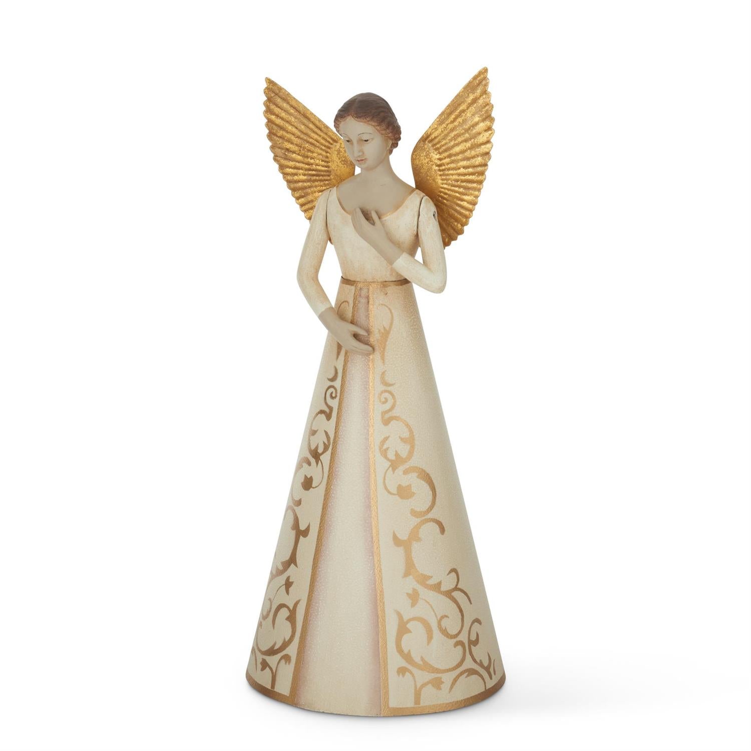 Hand embossed cream metal tree topper with gold resin accents and gold tin angel wings.