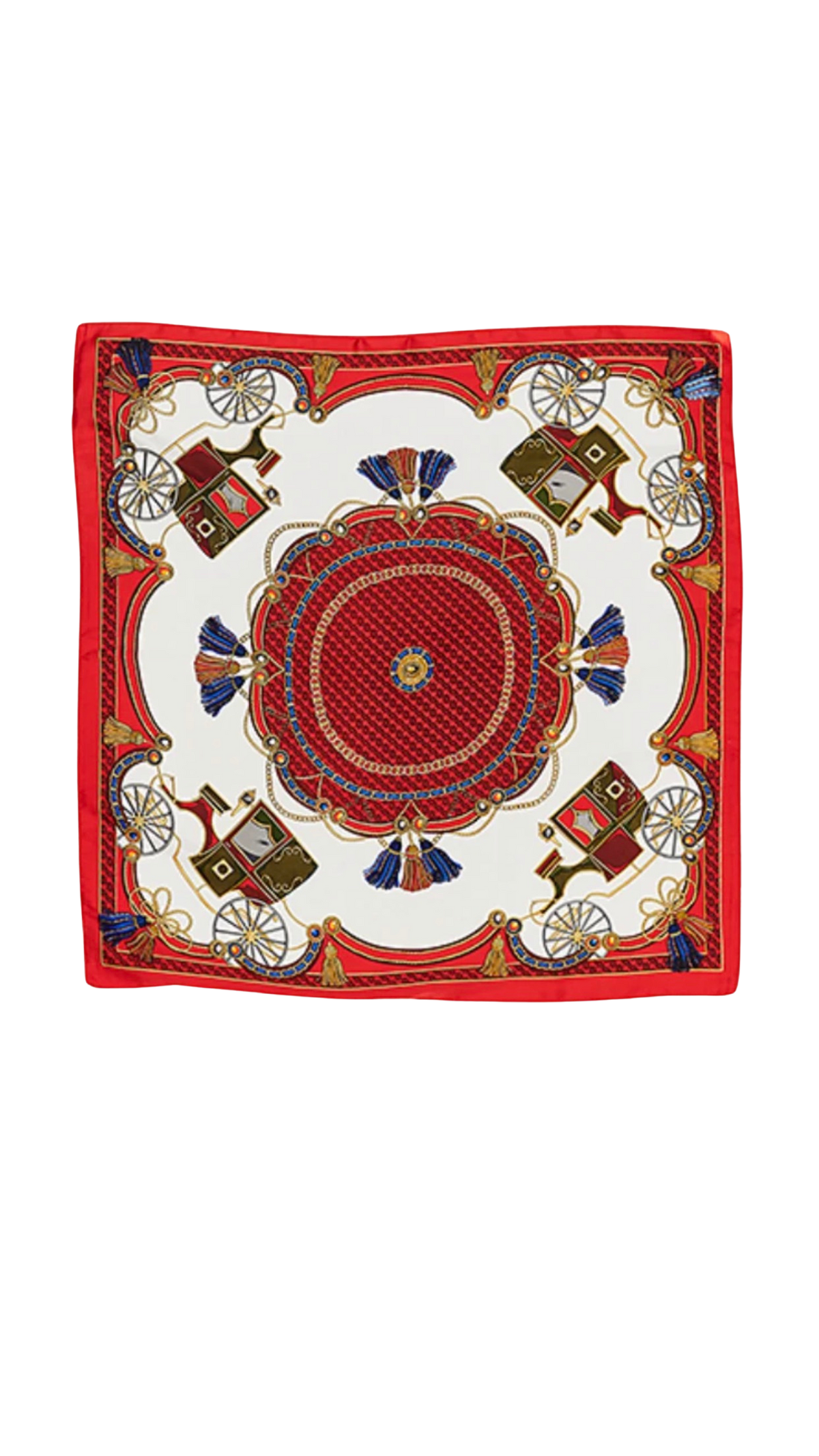 Square silk scarf with a red border and white center featuring carriage and tassel designs.
