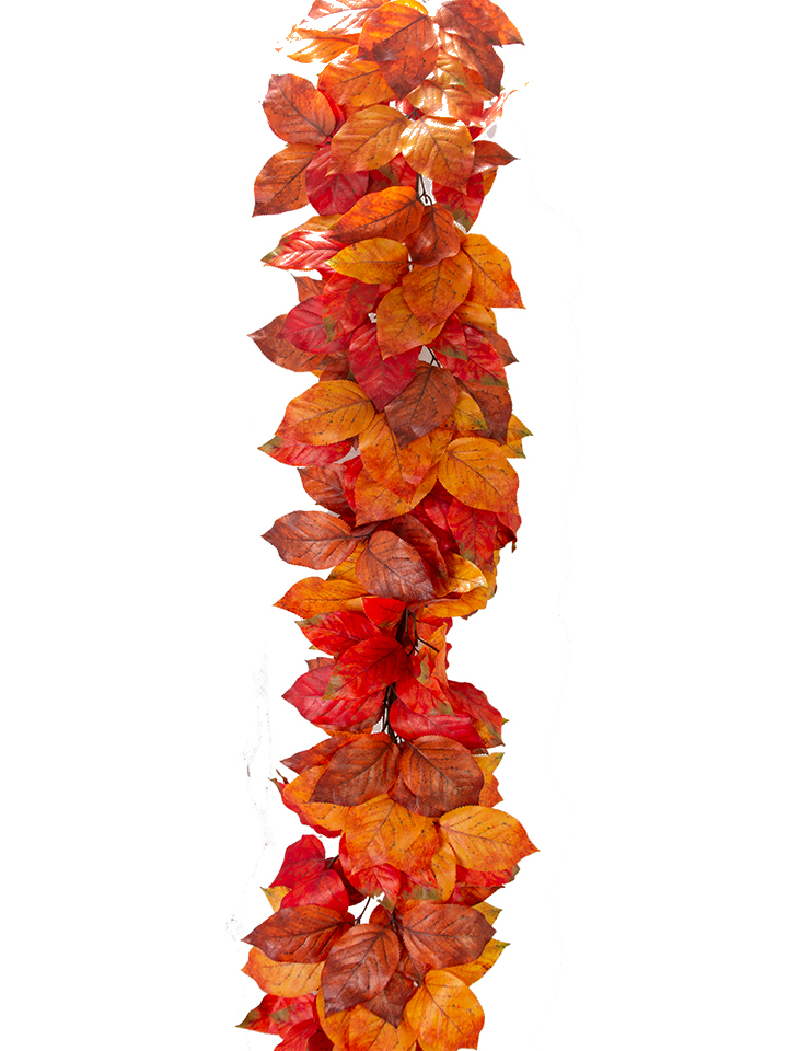 63-inch artificial fall salal garland featuring a dense arrangement of orange and red leaves.