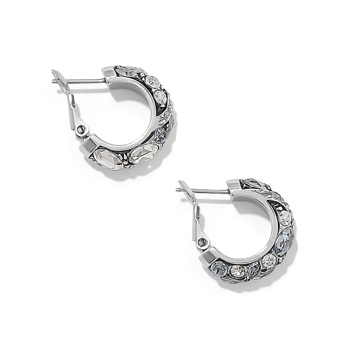 Silver plated Trust Your Journey hoop earrings with sky blue and clear crystals.