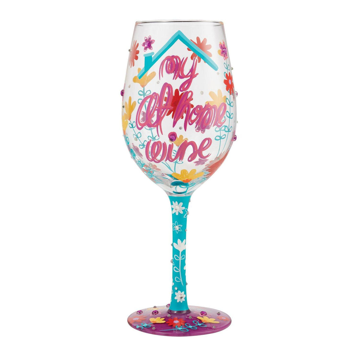 Blown glass wine glass with hand-painted floral designs, glitter accents, and a cocktail recipe printed on the base.