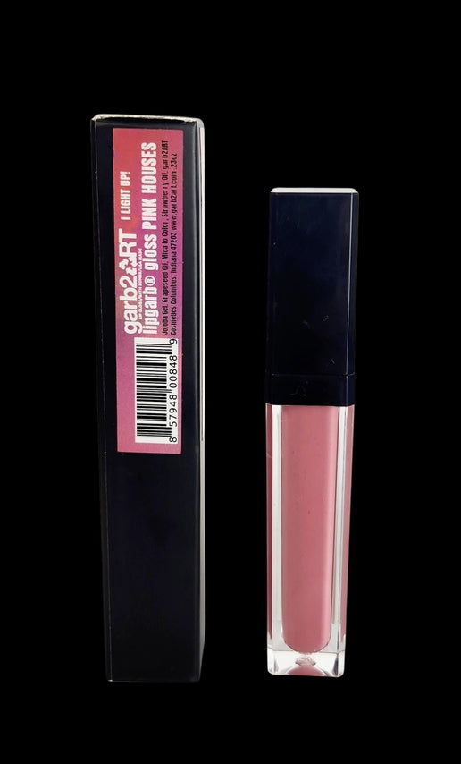 Garb2ART Full Lipgarb Gloss in Pink Houses shade, a light pink lip gloss in a clear tube with a navy cap.