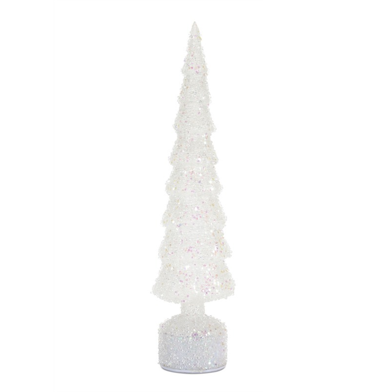 White rotating glass LED Christmas tree with a shimmering, iridescent finish on a round base.