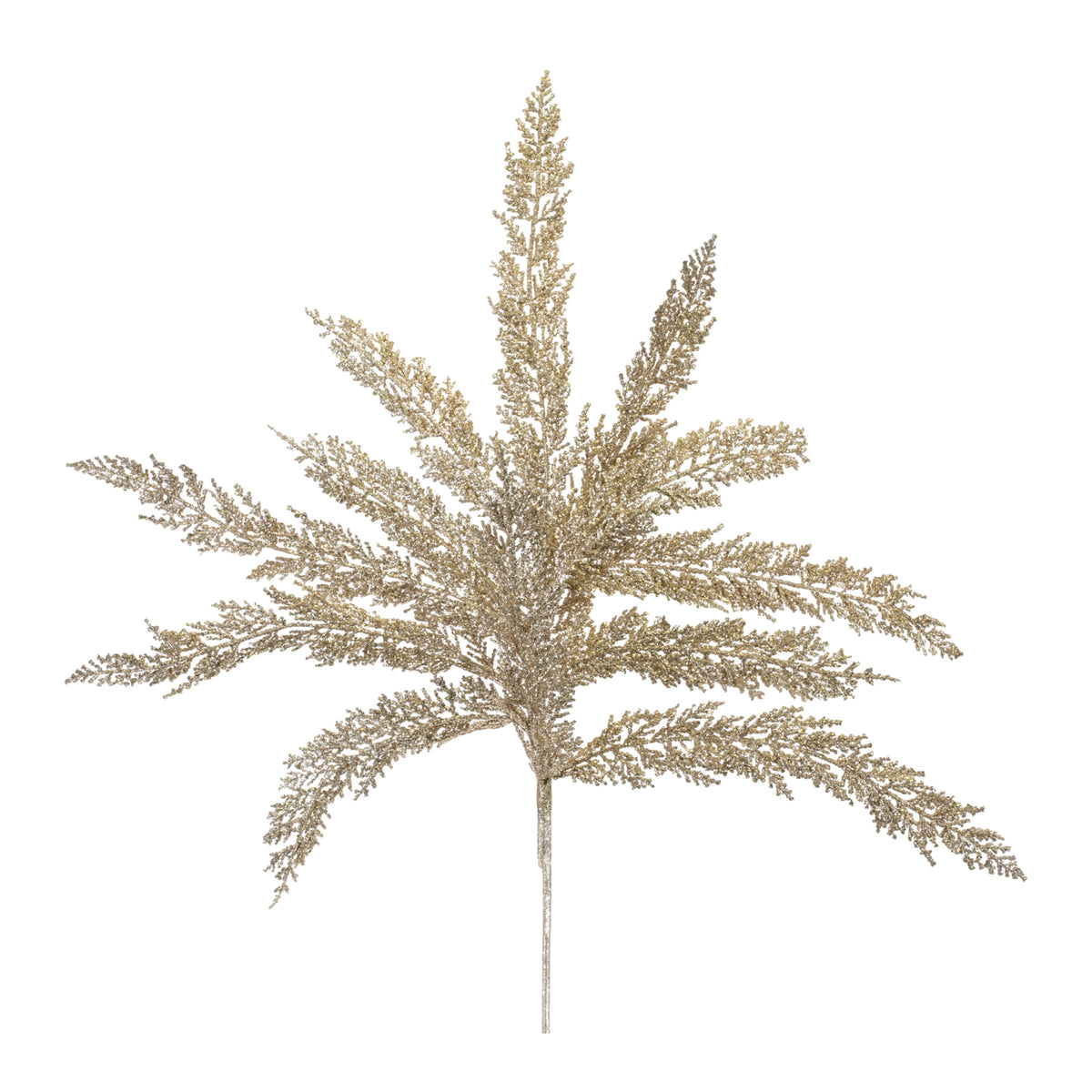 34-inch gold glittered cedar spray with multiple shimmering branches on a single stem.