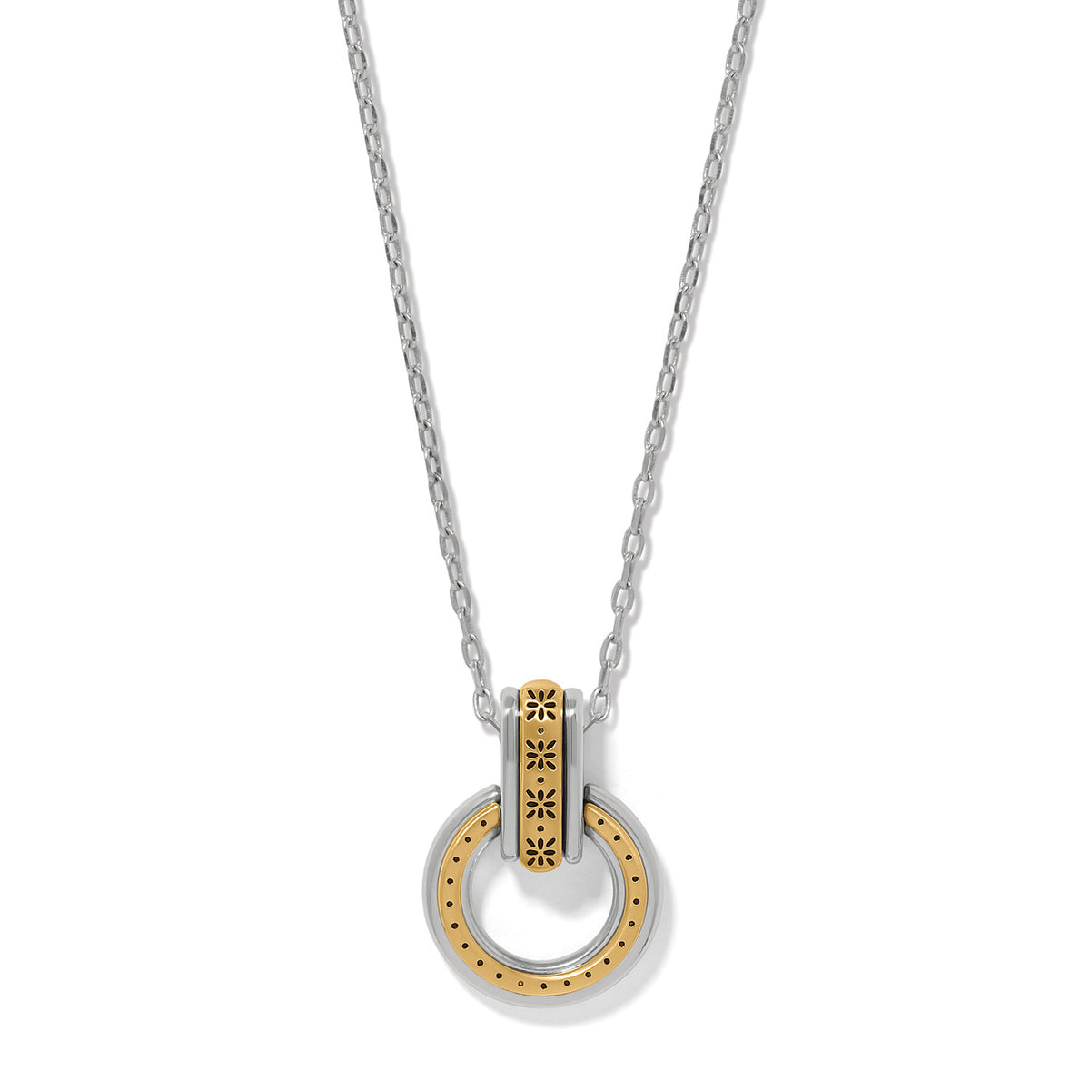 Mosaic Two Tone Link Ring Necklace with a silver chain and a gold and silver circular pendant.