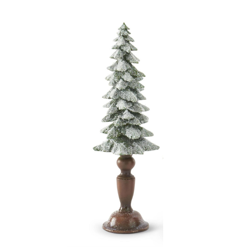 Flocked and glittered green resin Christmas tree on a brown pedestal base.