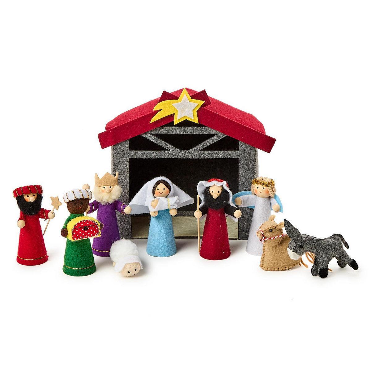 Handcrafted 10-piece felt nativity set featuring Mary, Joseph, baby Jesus, and a grey stable.