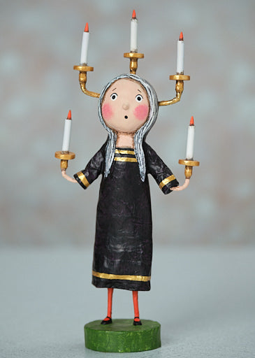 Poly resin Candle Maker figurine, 8 inches tall, wearing a black dress with gold trim.