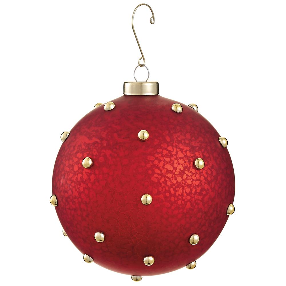4.75-inch red mercury glass ball ornament with gold bead accents and a hanging hook.