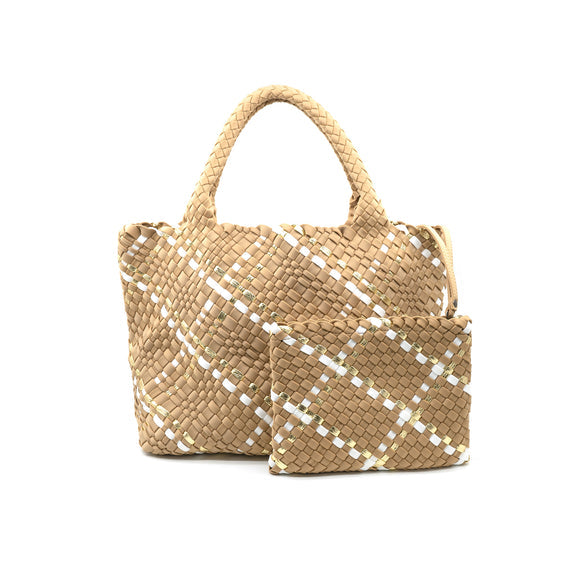 Black neoprene tote bag with a rectangular silhouette.