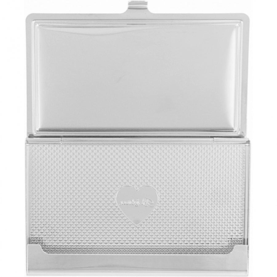 Open silver Ferrara Card Case with a textured exterior and a heart-shaped logo detail.
