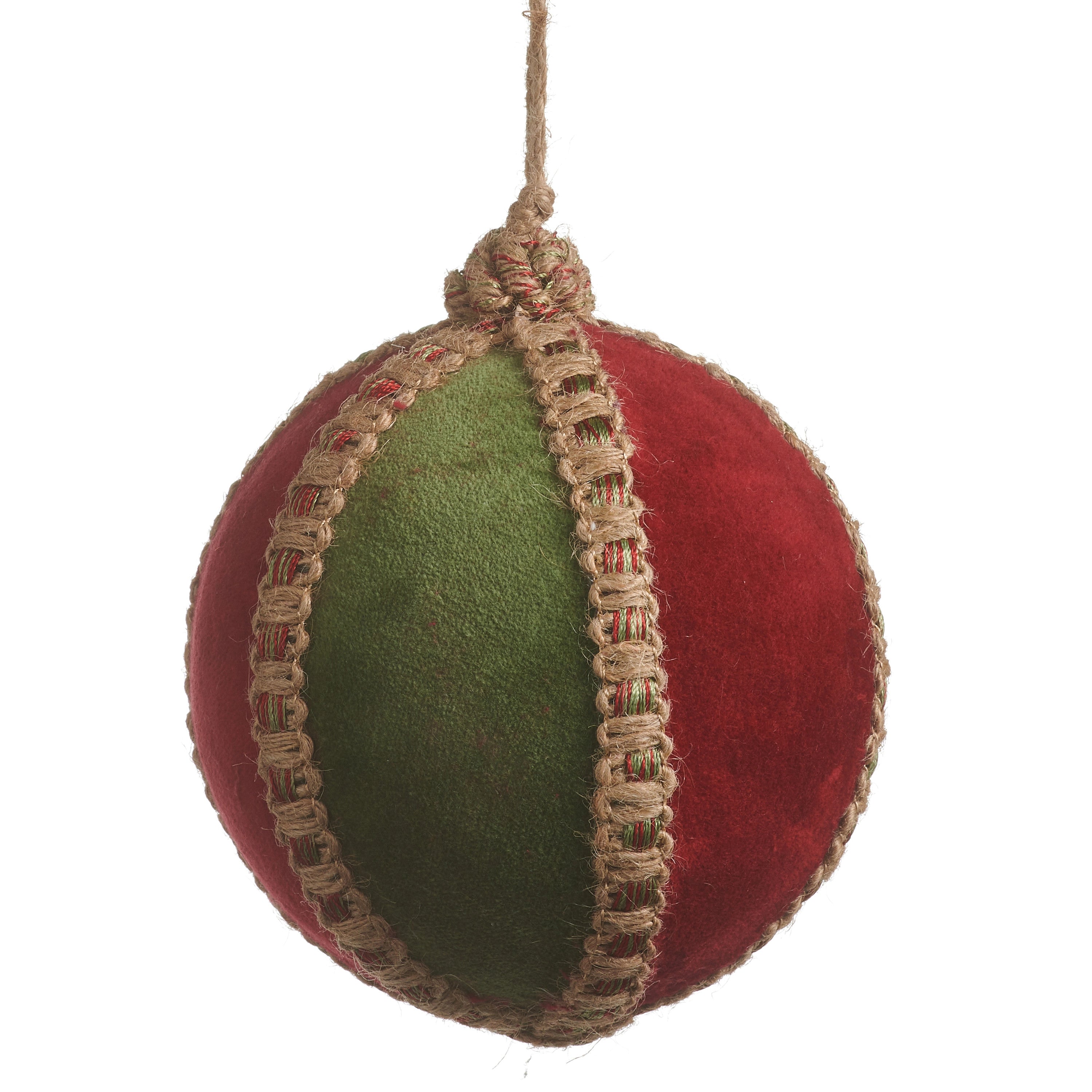 5-inch red and green velvet ball ornament with decorative jute trim and hanging string.