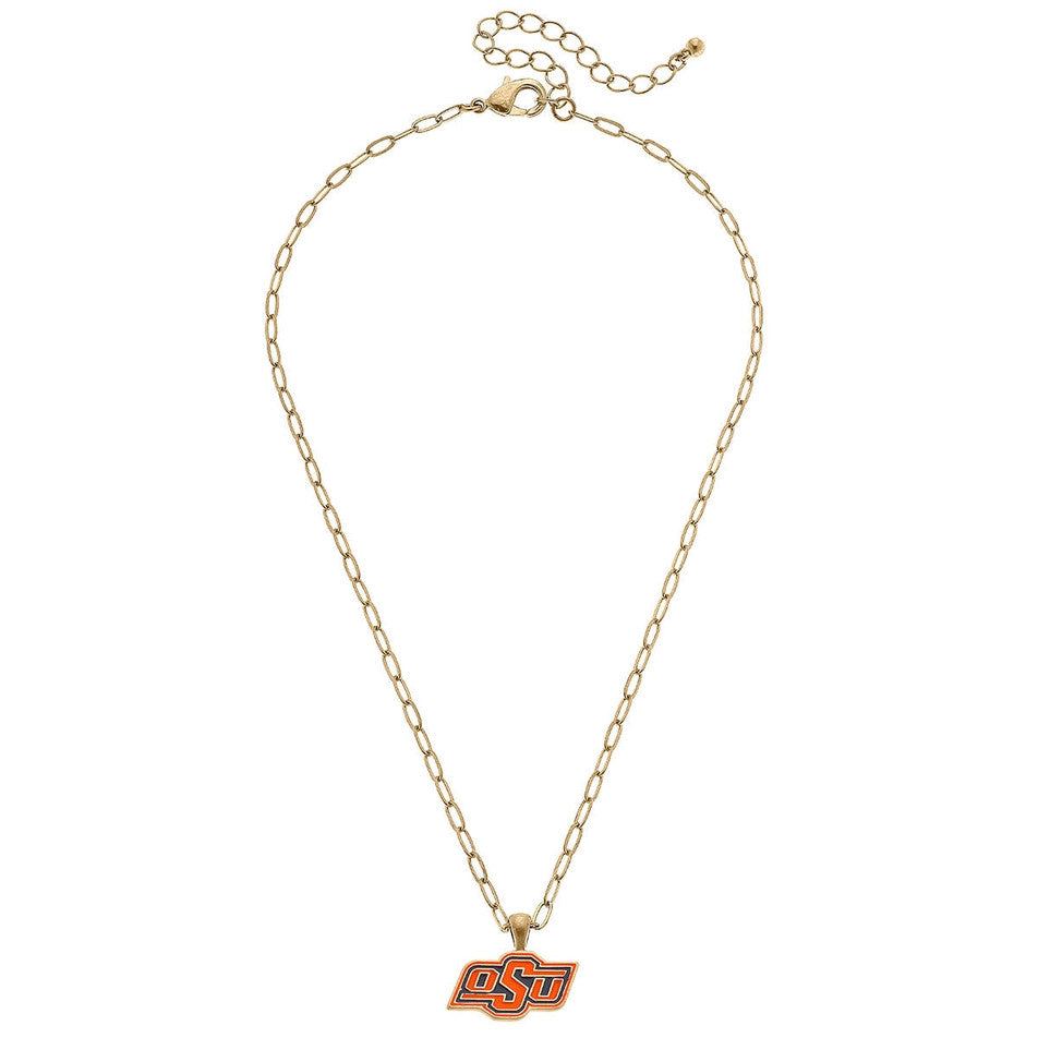 Oklahoma State Cowboys enamel pendant on a worn gold-plated 16-inch adjustable chain necklace.