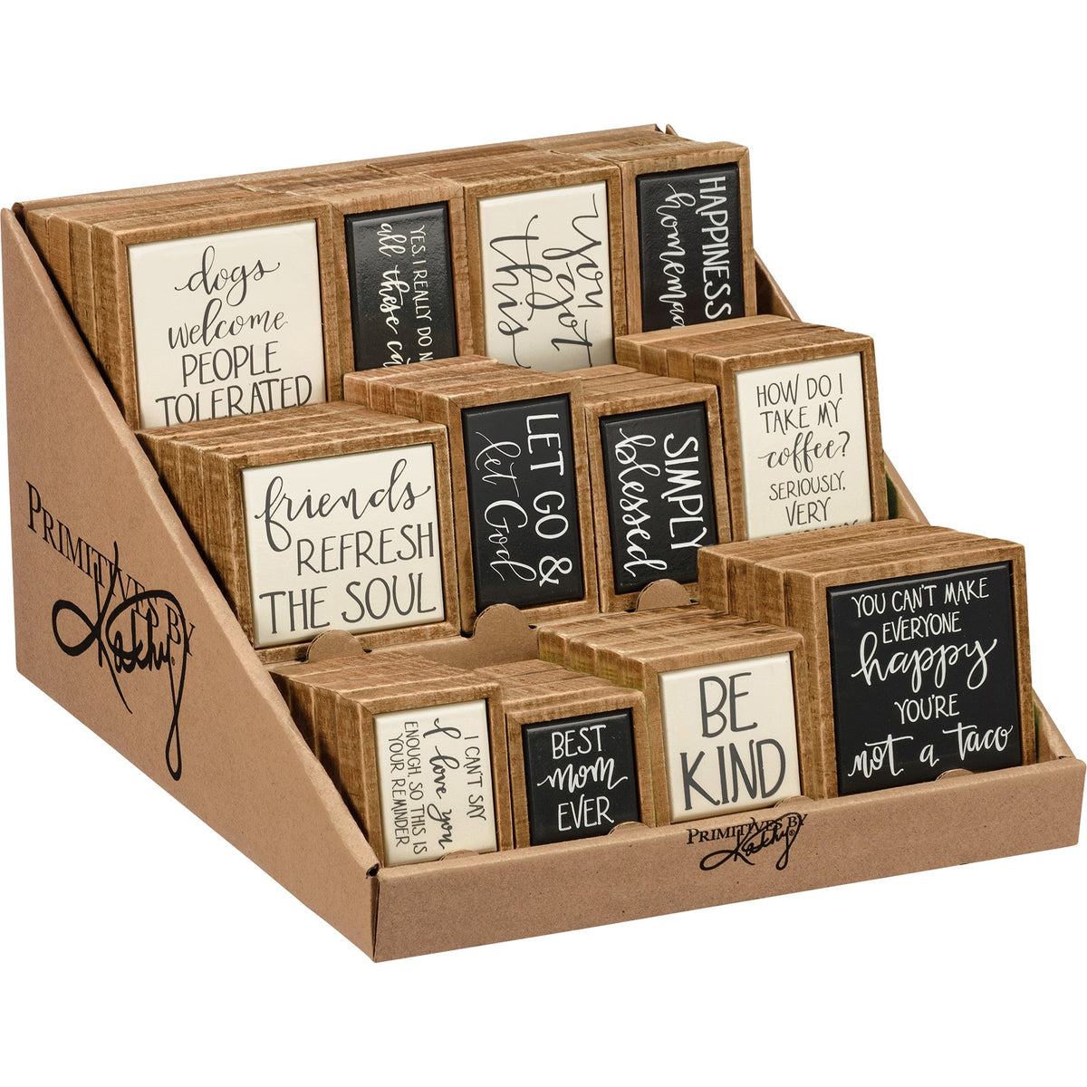 Wooden display stand with 12 small box signs featuring various quotes and designs.