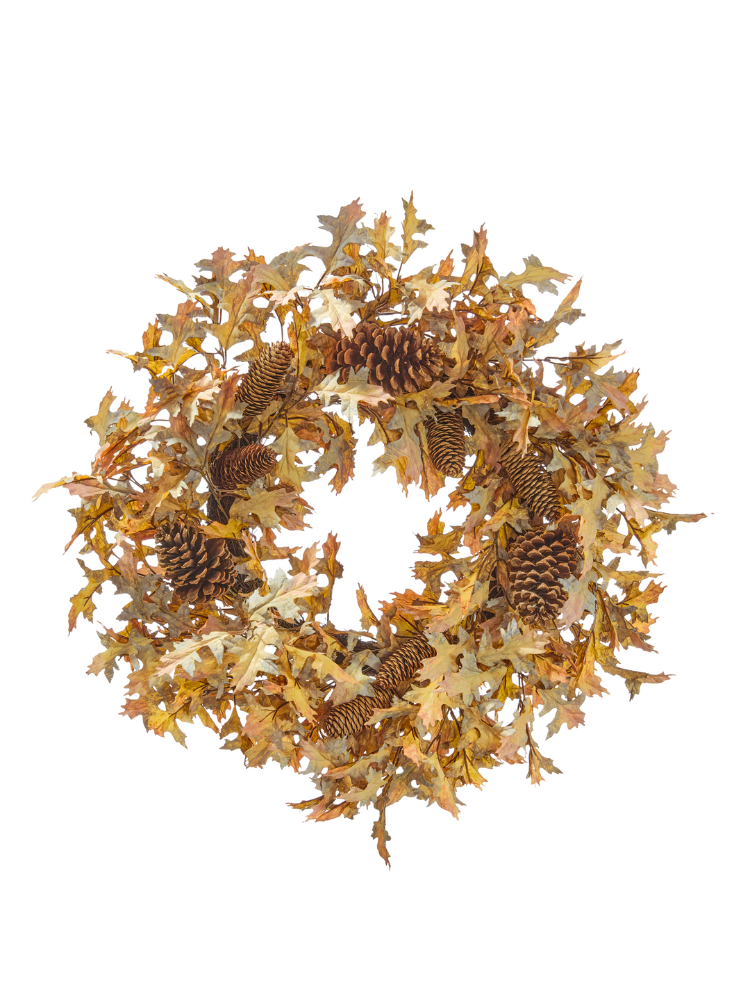 26-inch autumn wreath featuring golden-brown maple leaves and several large pinecones.