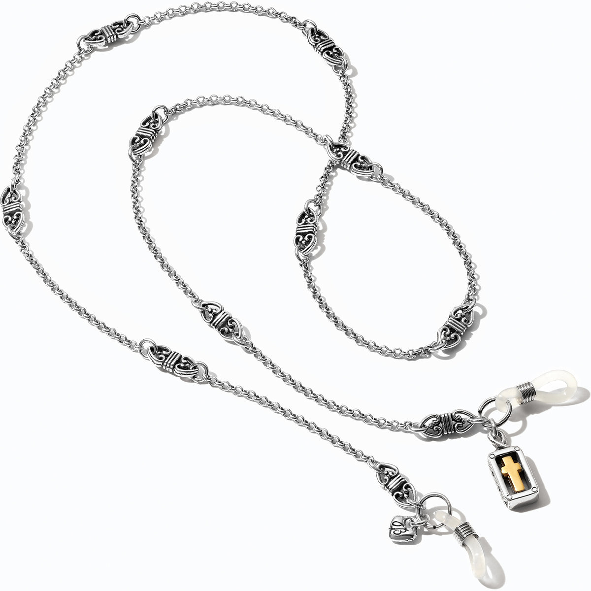 Silver and gold eternity cross sunglass chain holder with ornate links and two-tone cross charm.