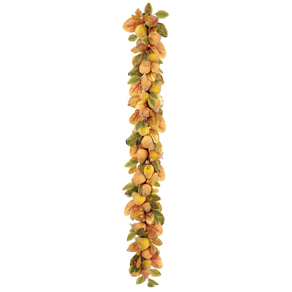 6-foot beaded pear and berry garland with brown and yellow artificial fruit and leaves.