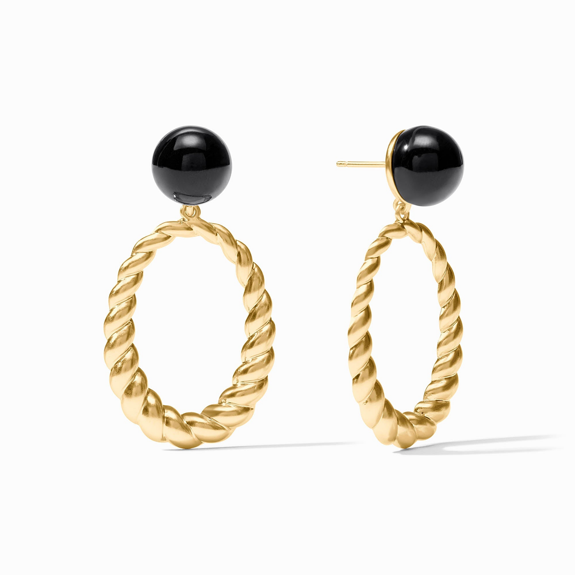 Ravello Statement Earrings in 24K gold plate with black resin studs and twisted oval hoops.