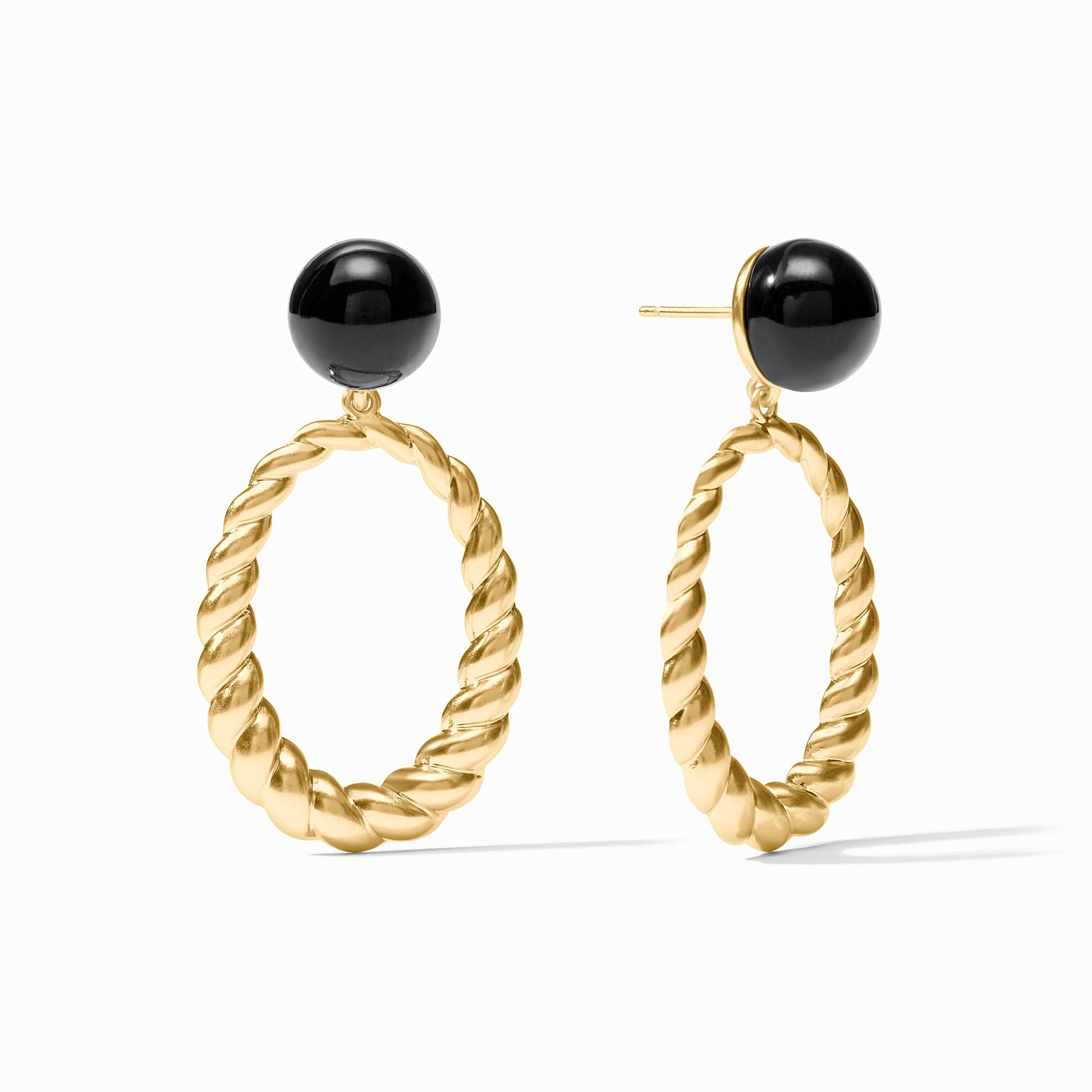 Ravello Statement Earrings in 24K gold plate with black resin studs and twisted oval hoops.