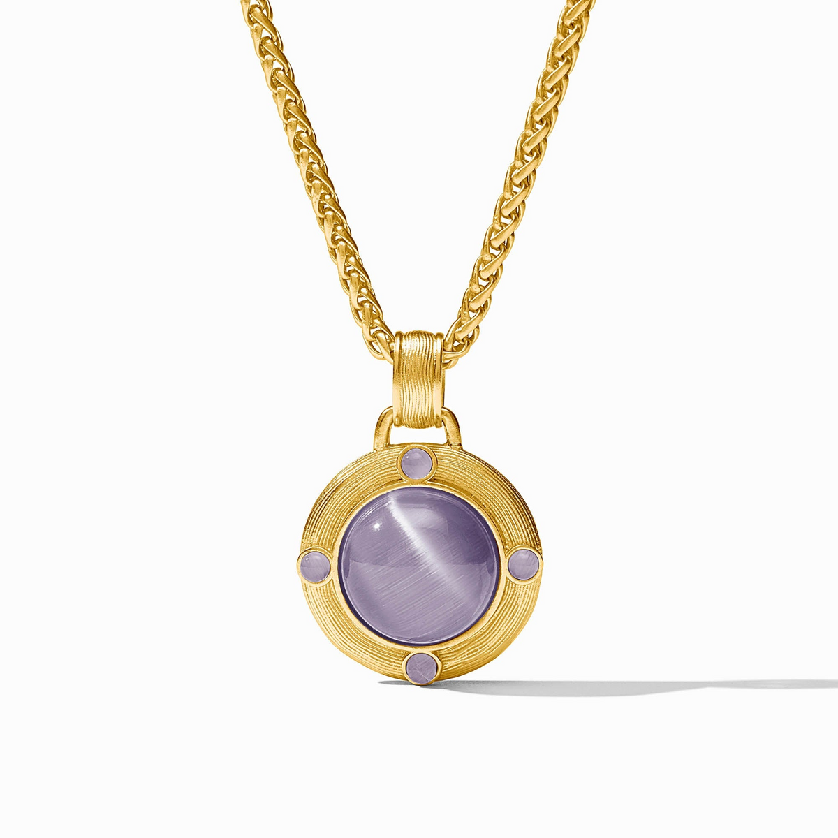 Cobblestone Demi Necklace in 24K gold plate with a round purple glass pendant on a link chain.