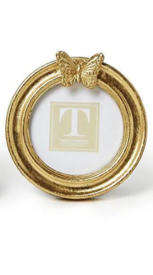 Round gold leaf finish photo frame with a decorative butterfly accent at the top.