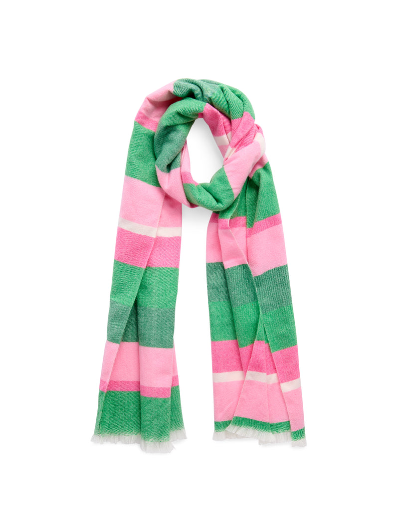 Kayla Scarf featuring bold horizontal stripes in pink, green, and white with frayed edges.